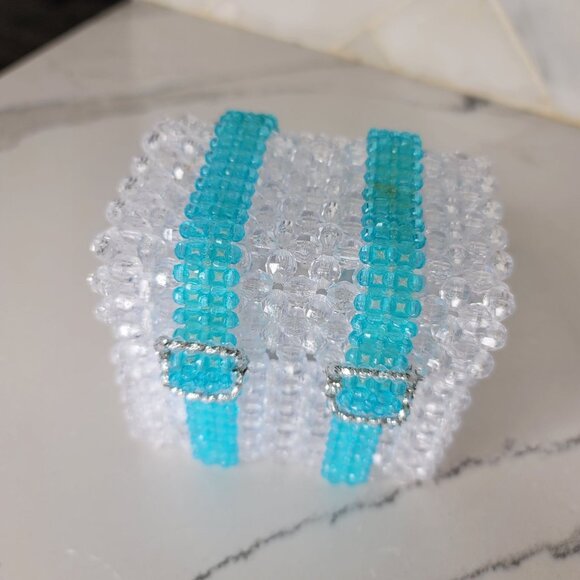 Handcrafted Beaded musical Jewelry trinket Box With Clear & Turquoise Beads - Picture 5 of 11
